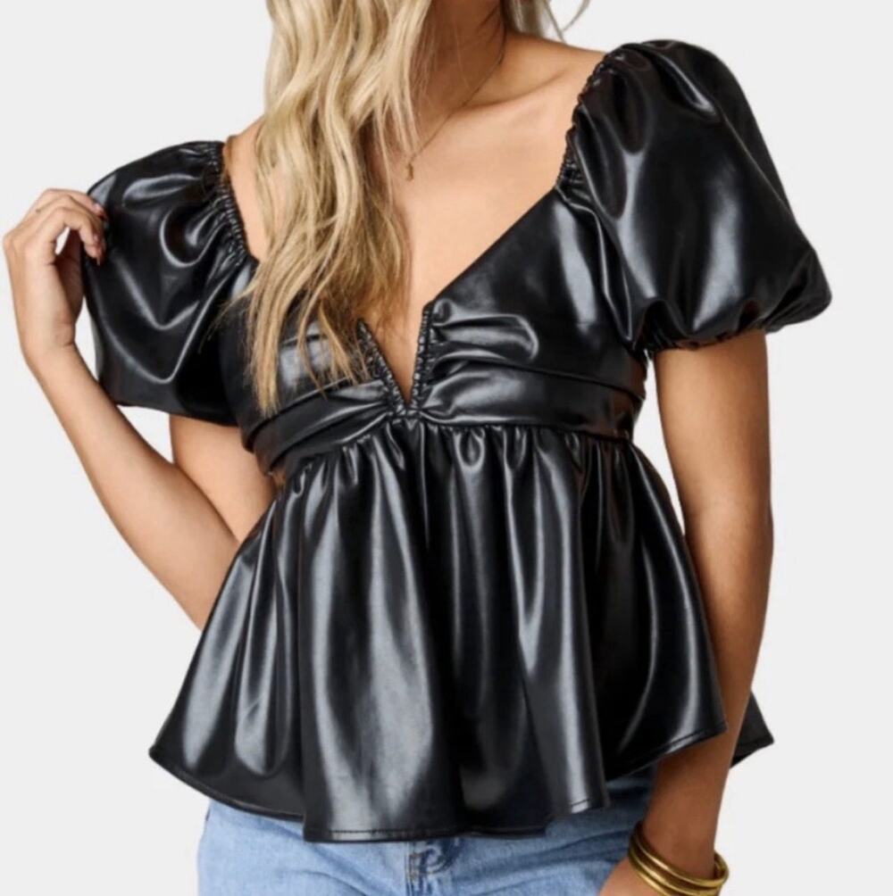 Buddy Love Houston Top Size S Black Faux Leather Puff Sleeve V Neck Date Night